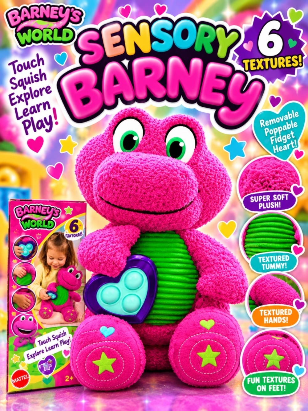 NIB Fisher-Price Barney’s World Sensory Barney Plush 6 Textures Fidget Toy